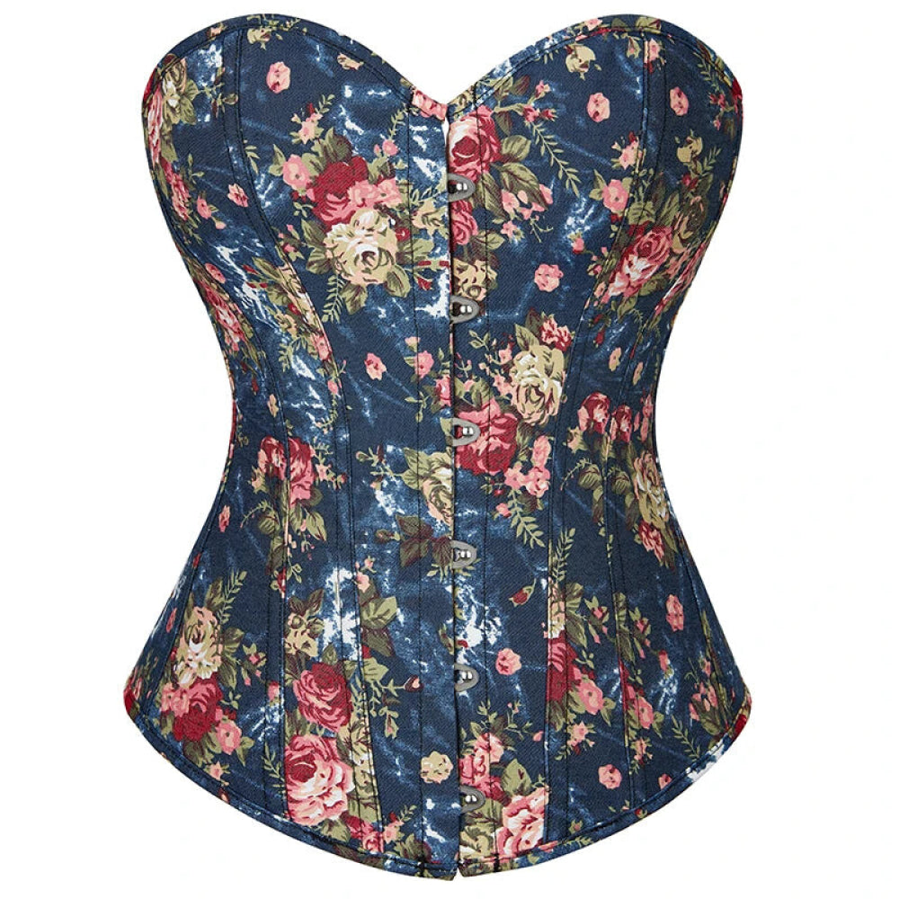 Floral Lace-Up Denim Corset Plus Size S-6Xl Boned Strapless Blue / Black - Blue - L
