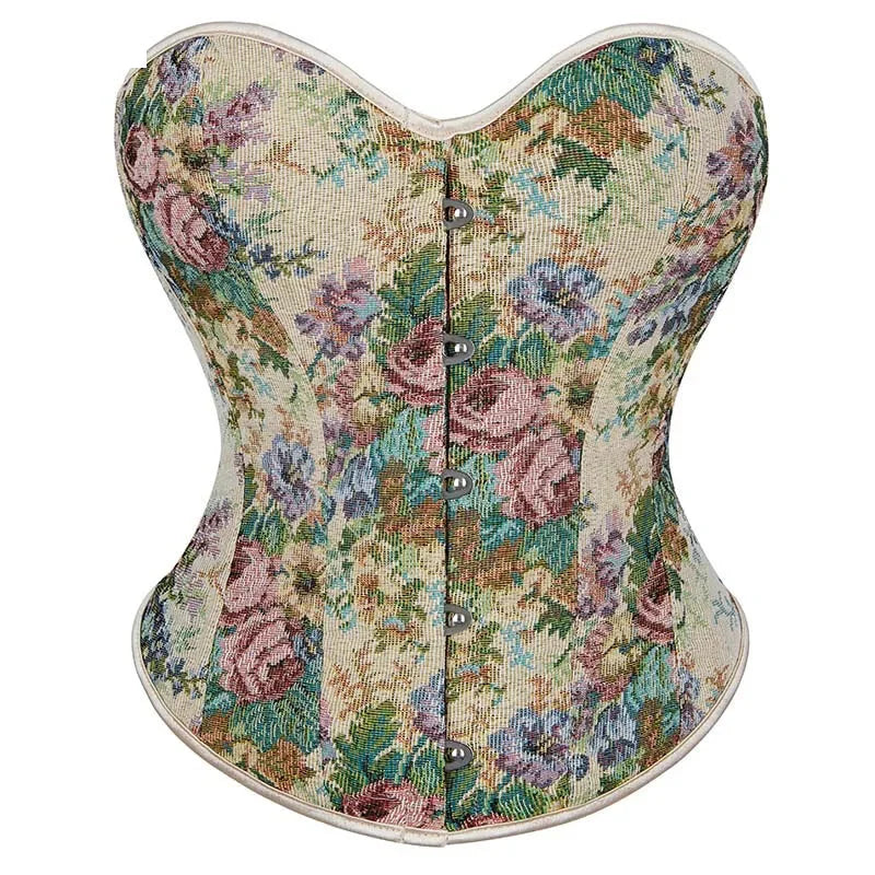 Floral Embroidered Plus Size Corset S-6Xl Strapless & Backless Lace Up 5 Brooches - Xxxl