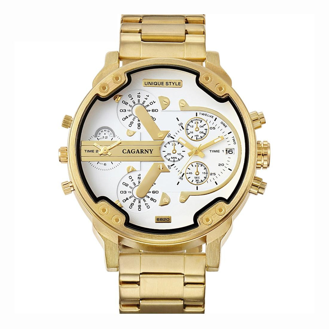 Stylish Dual Movement Men Watch with Large Dial and Stainless Steel Band - Gold / Black - Gold + White