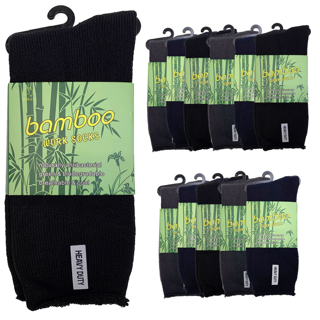 12 Pairs PREMIUM BAMBOO SOCKS Mens Heavy Duty Thick Work Socks Cushion BULK - Assorted Colour Pack - 6-11