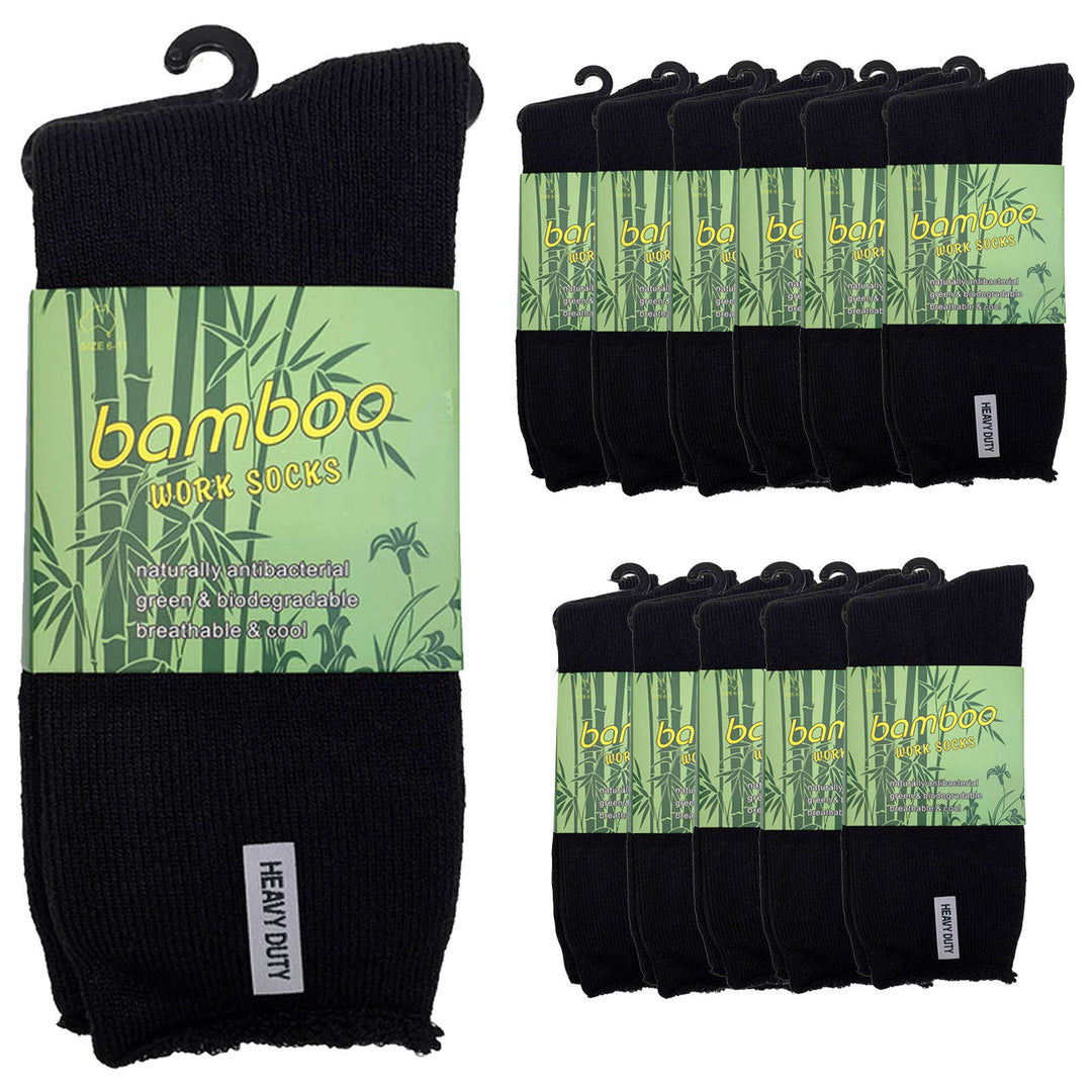 12 Pairs PREMIUM BAMBOO SOCKS Mens Heavy Duty Thick Work Socks Cushion BULK - Black - 11-14