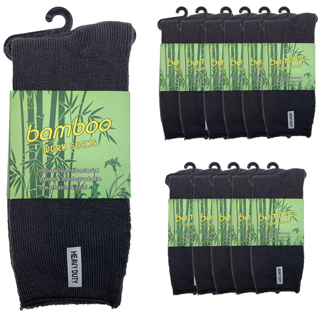 12 Pairs PREMIUM BAMBOO SOCKS Mens Heavy Duty Thick Work Socks Cushion BULK - Charcoal Grey - 6-11