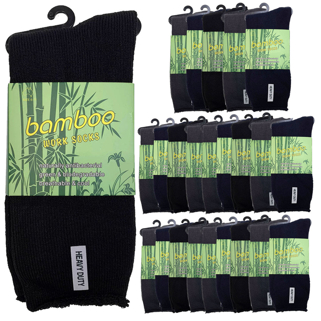 24 Pairs PREMIUM BAMBOO SOCKS Mens Heavy Duty Thick Work Socks Cushion BULK - Assorted Colour Pack - 6-11