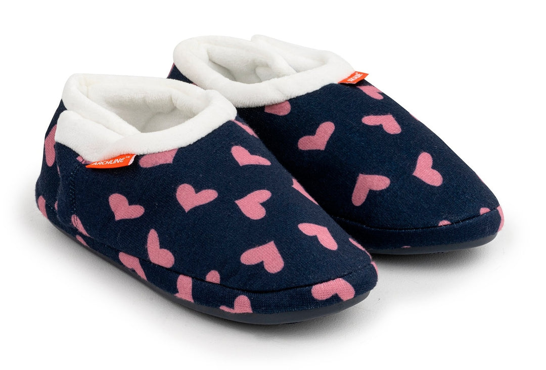 ARCHLINE Orthotic Slippers CLOSED Arch Scuffs Moccasins Pain Relief in Navy Hearts - EUR43