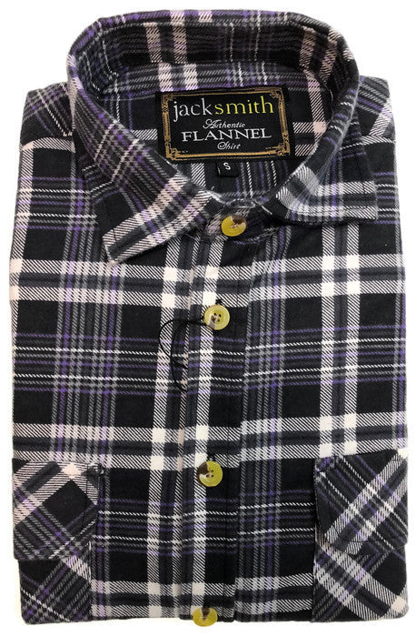 Mens Half Placket Flannelette Long Sleeve Pullover Shirt 100% Cotton Check Authentic Flannel - Black/Purple - S