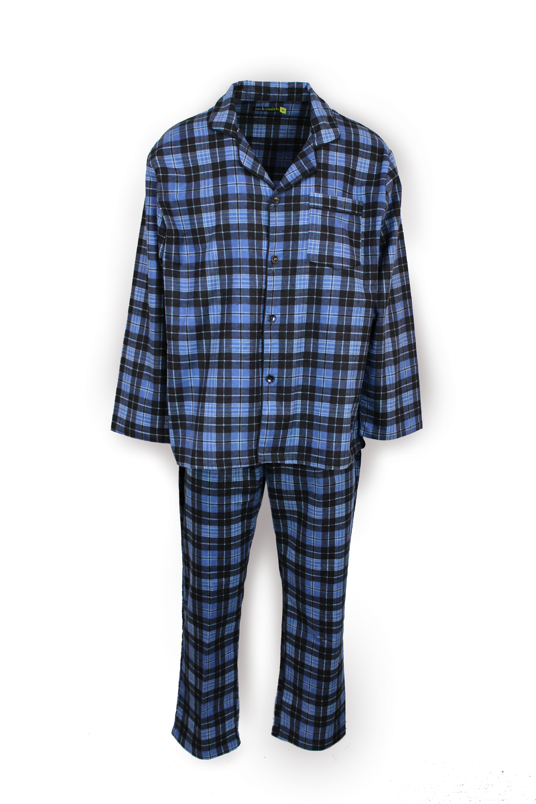 Mens Flannelette Pyjama Set Sleepwear Soft 100% Cotton PJs - Blue Check - L