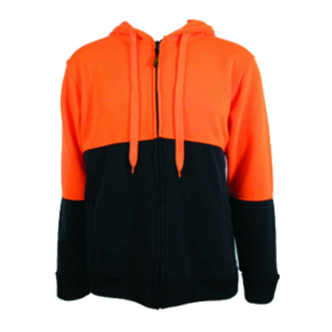 HI VIS Jumper Full Zip Hoodie Safety Workwear Fleecy Fleece Jacket Hooded - Orange/Navy - 2XL