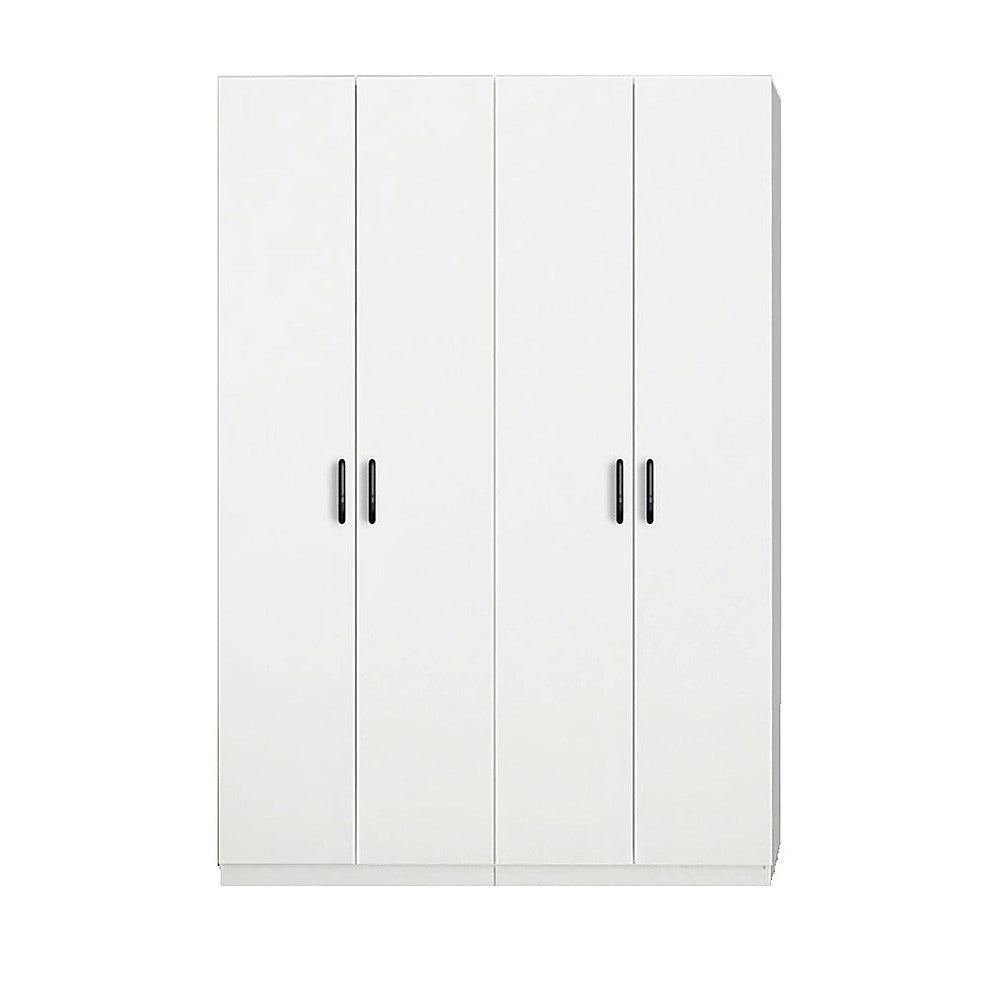 4 Door Wardrobe in White Gloss – Hanging Rail, Shelves & White Handles
