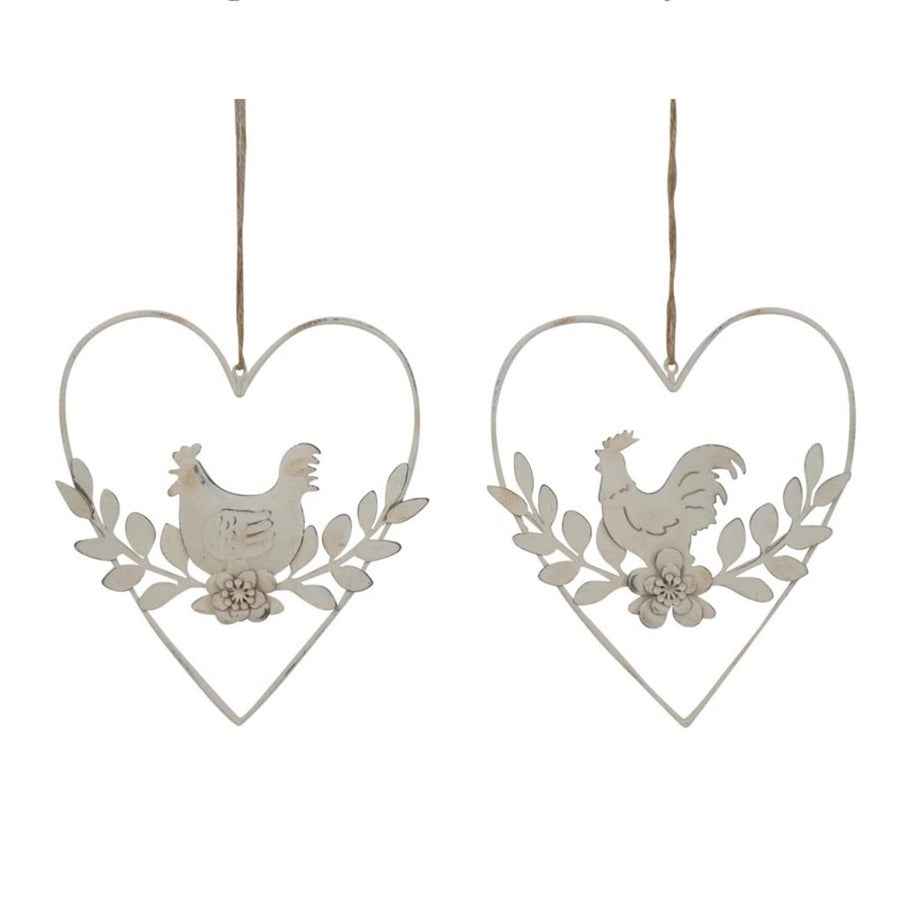 Set 2 Hanging Hearts w Rooster & Chook 17cm