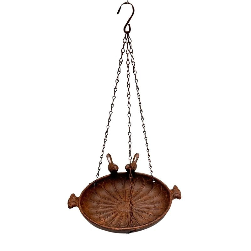 Hanging Cast-Iron Rust Birdfeeder w 2 Birds 41cm