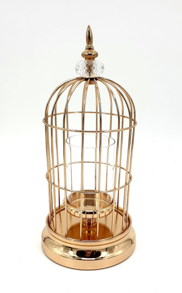 Bird Cage W Diamond Top And Glass Candle Holder 17x36cm