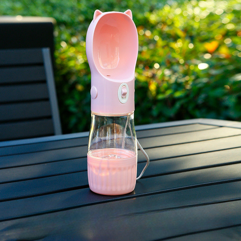 Pink Portable Dog Water Bottle with Built-in Bowl Dispenser - 250ml Water,180ml Food Capacity,Leak-proof for Travel and