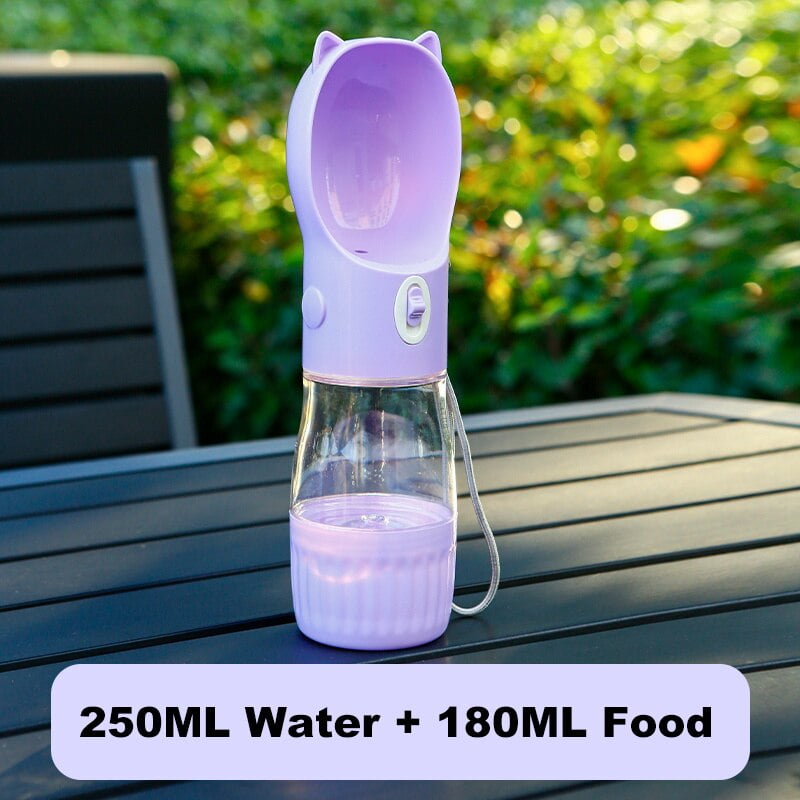 Purple Portable Dog Water Bottle with Built-in Bowl Dispenser - 250ml Water,180ml Food Capacity,Leak-proof for Travel an
