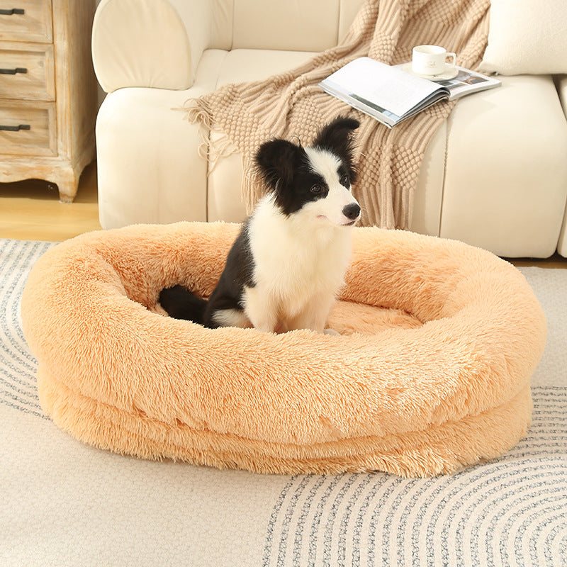 Fluffy Donut-Shaped Pet Bed- Soft, Cozy, and Anti-Anxiety for Dogs and Cats, Machine Washable Apricot Size:M 75*55*18c