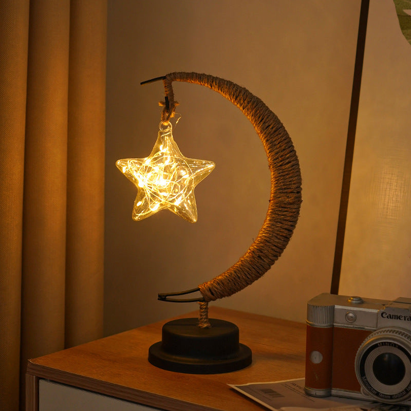 LED Multi-Shape Decorative Lights - Star, Moon, Apple USB Night Lights with Handmade Hemp Rope, Warm Iron Craft, Perfect