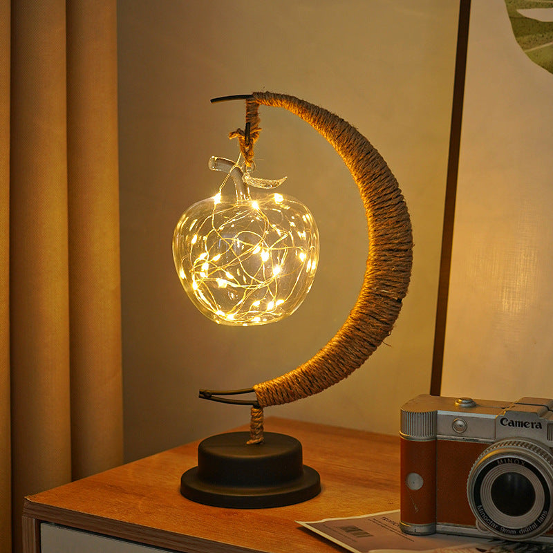 LED Multi-Shape Decorative Lights - Star, Moon, Apple USB Night Lights with Handmade Hemp Rope, Warm Iron Craft, Perfect