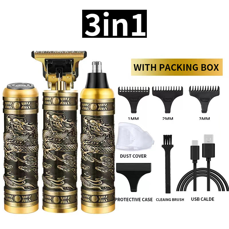 3-in-1 Professional Hair Clipper Set - Rechargeable Beard Trimmer, Nose Hair Trimmer, and Electric Shaver with USB Cable