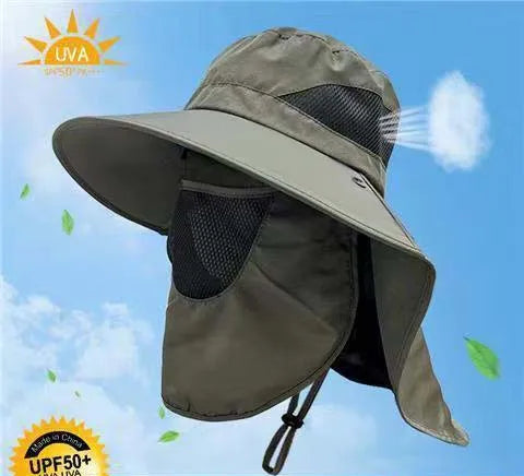 Military Green Outdoor UV Protection Hat for Men - Detachable Face & Neck Shield, Large Brim Sun Hat for Fishing, Hiking