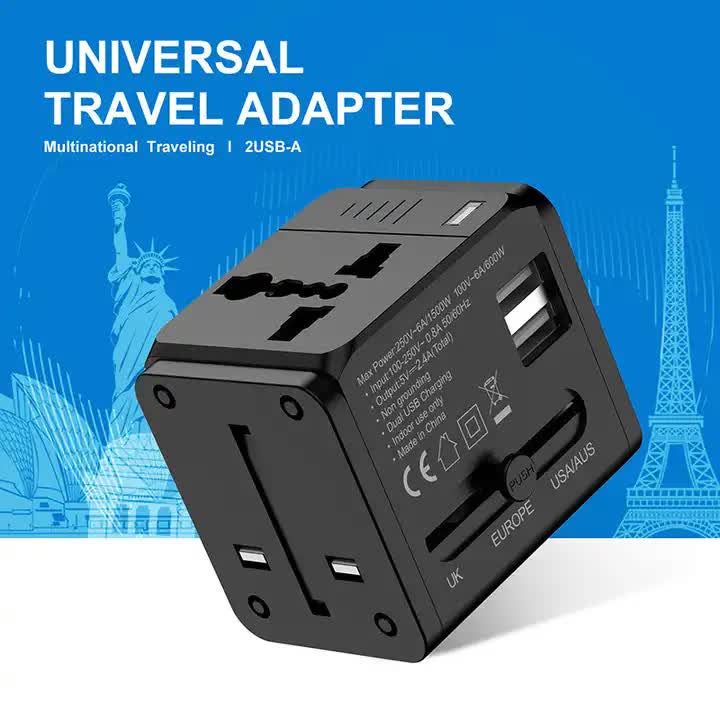 Dual USB Global Travel Adapter with 2.4A Current – Universal Plug Socket, Multi-Function Travel Power Adapter for Worl