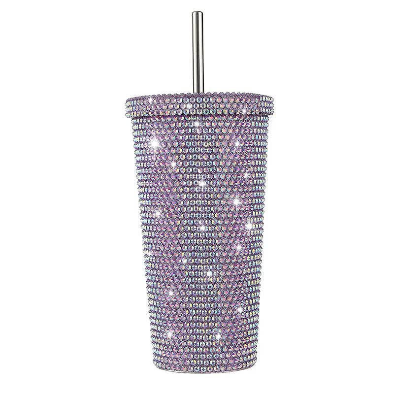 Purple Diamond-Inlaid Insulated 304 Stainless Steel Cup with Straw - Double-Walled, Rhinestone Coffee Mug, Gift Cup for