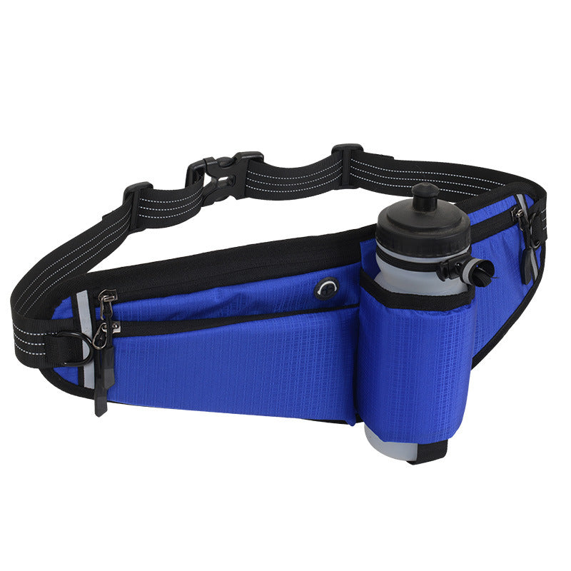 Blue Adjustable Running Waist Pack with Water Bottle Holder, Reflective Design, and Multiple Storage Pockets for Outdoor