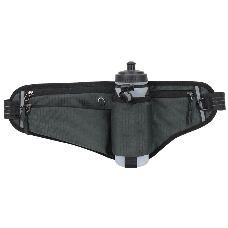 Grey Adjustable Running Waist Pack with Water Bottle Holder, Reflective Design, and Multiple Storage Pockets for Outdoor