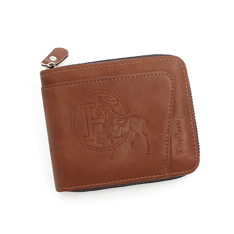 Brown Men's Leather Wallet with Zipper and Horse Embossed Design - Compact and Stylish