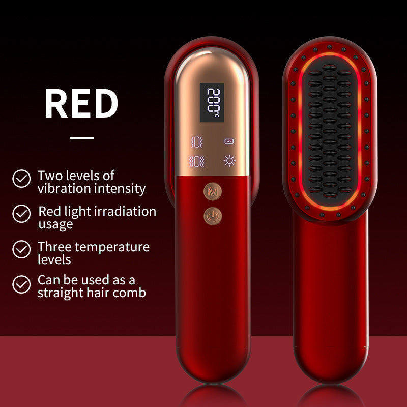 Red Mini Rechargeable Ionic Hair Straightening Comb | Portable Wireless Vibration Massage Brush for Frizz-Free, Smooth H