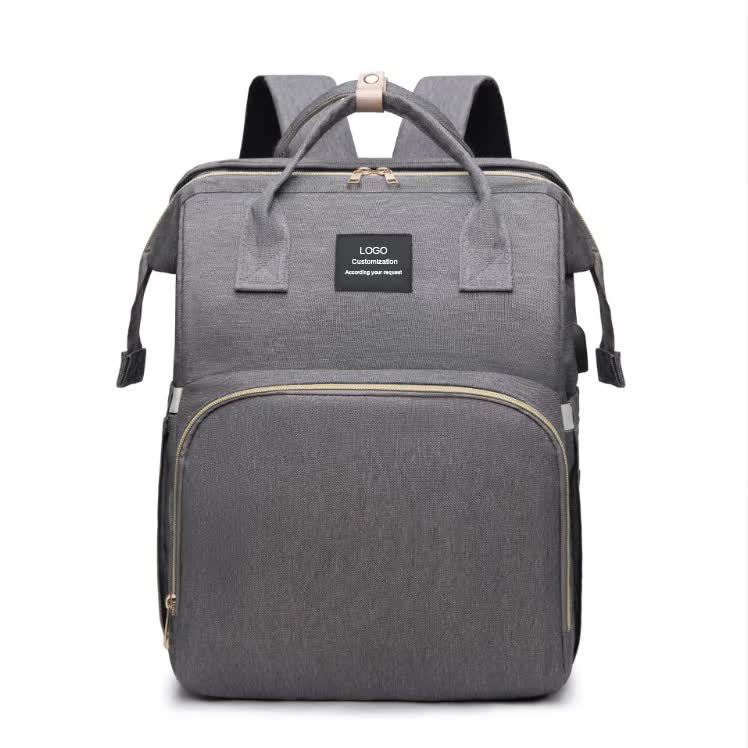 Grey Portable Mommy Bag with Baby Crib Multi-Function Baby Diaper Backpack, Lightweight and Large Capacity for Moms