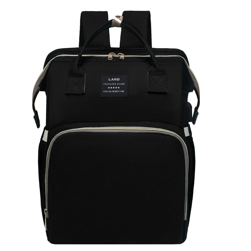 Black Portable Mommy Bag with Baby Crib Multi-Function Baby Diaper Backpack, Lightweight and Large Capacity for Moms