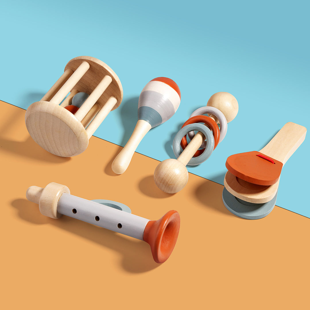 Wooden Orff Instrument Set for Kids – Includes Rattle, Maraca, Bell, Trumpet, and Bed Bell – Early Learning Musical