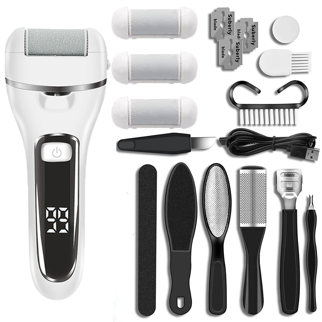 White 10 Pcs Suit Electric Foot Callus Remover with LCD Display | Waterproof Pedicure Set | Dual-Speed Dead Skin Exfolia