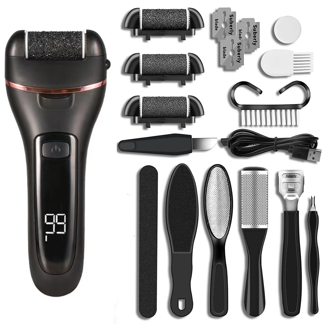 Black 10 Pcs Suit Electric Foot Callus Remover with LCD Display | Waterproof Pedicure Set | Dual-Speed Dead Skin Exfolia