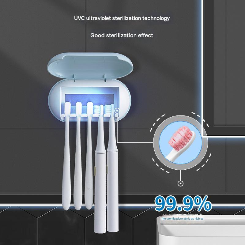Blue Wall-Mounted Toothbrush Sterilizer with UV-C Disinfection and Drying - USB Rechargeable, Family 5-Brush Holder, ABS