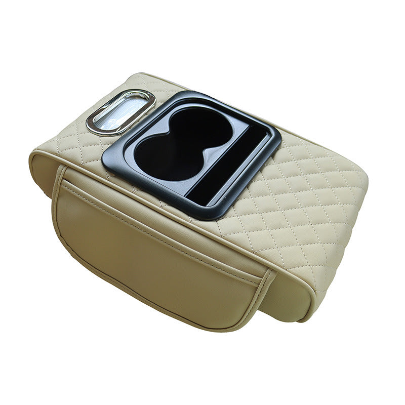 GT-6 Embroidery Beige ,Multifunctional Car Armrest Storage Box Cushion - Universal Fit with Cup Holder and Tissue Dispen