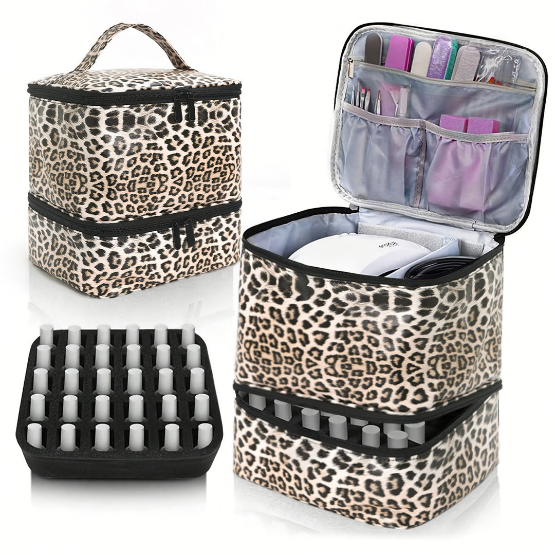 Leopard Double-Layer PU Nail Polish Storage Case with High Capacity for Essential Oils and Nail Lamp - Portable & Adjust