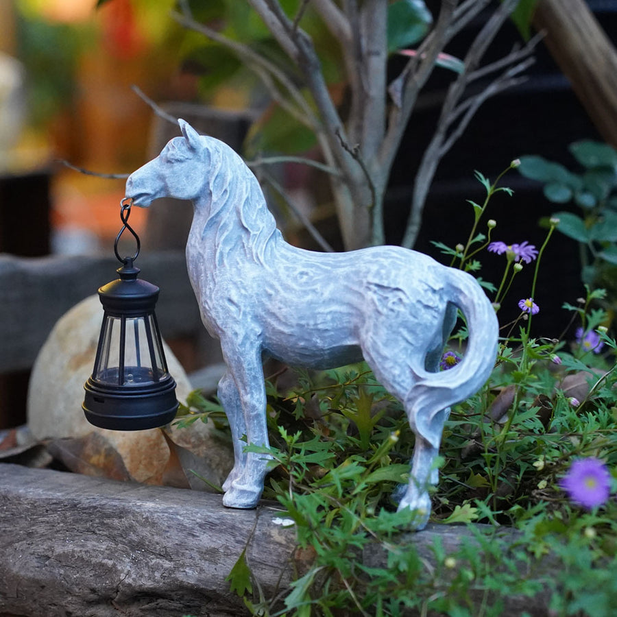 Grey Solar-Powered Horse Statue with LED Lantern – Rustic Outdoor Garden Ornament