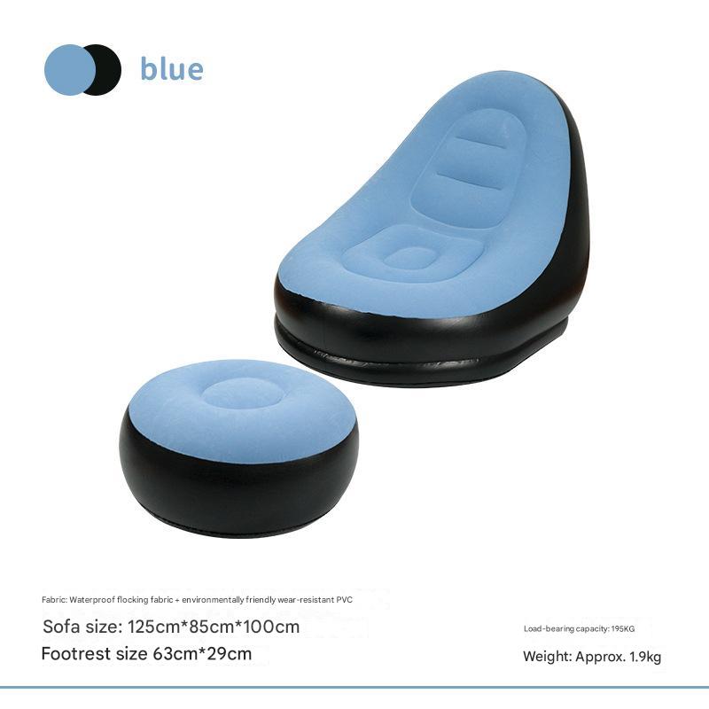 Blue And Black Patchwork Portable Inflatable Sofa Chair with Ottoman - Waterproof Flocked Lazy Sofa for Camping and Home