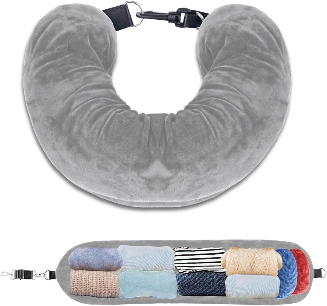 Grey Suede Portable Refillable Travel Neck Pillow with Storage Bag -Lightweight and Compact for Airplane, Car, and Train