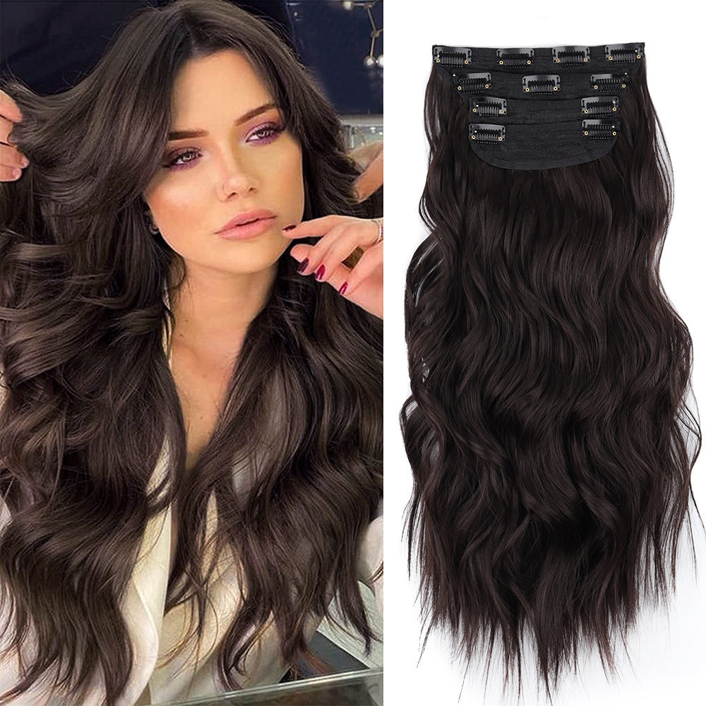 4 Pcs Set Dark Brown High-Quality Wavy Clip-In Hair Extensions Set - 50cm, 200g, Synthetic Fiber - Voluminous Beach Wave