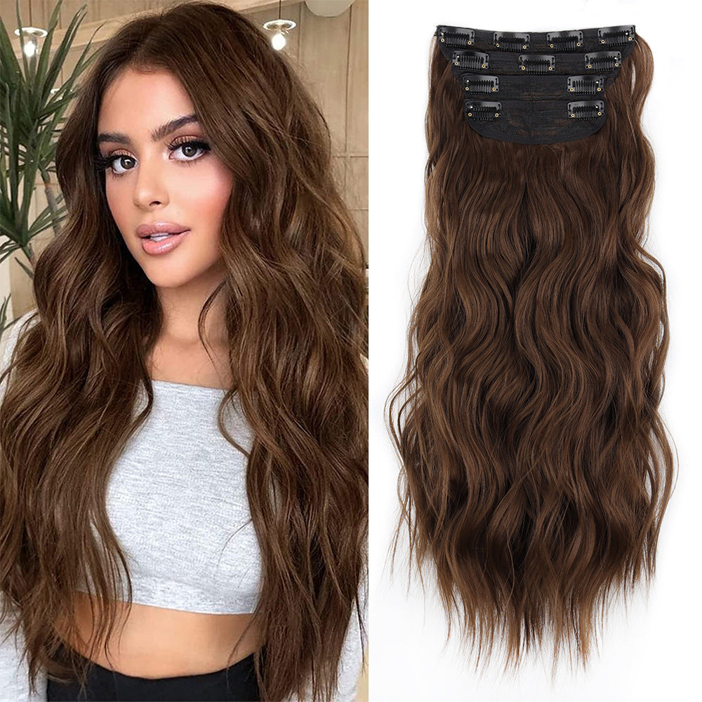 4 Pcs Set Coffee High-Quality Wavy Clip-In Hair Extensions Set - 50cm, 200g, Synthetic Fiber - Voluminous Beach Waves fo