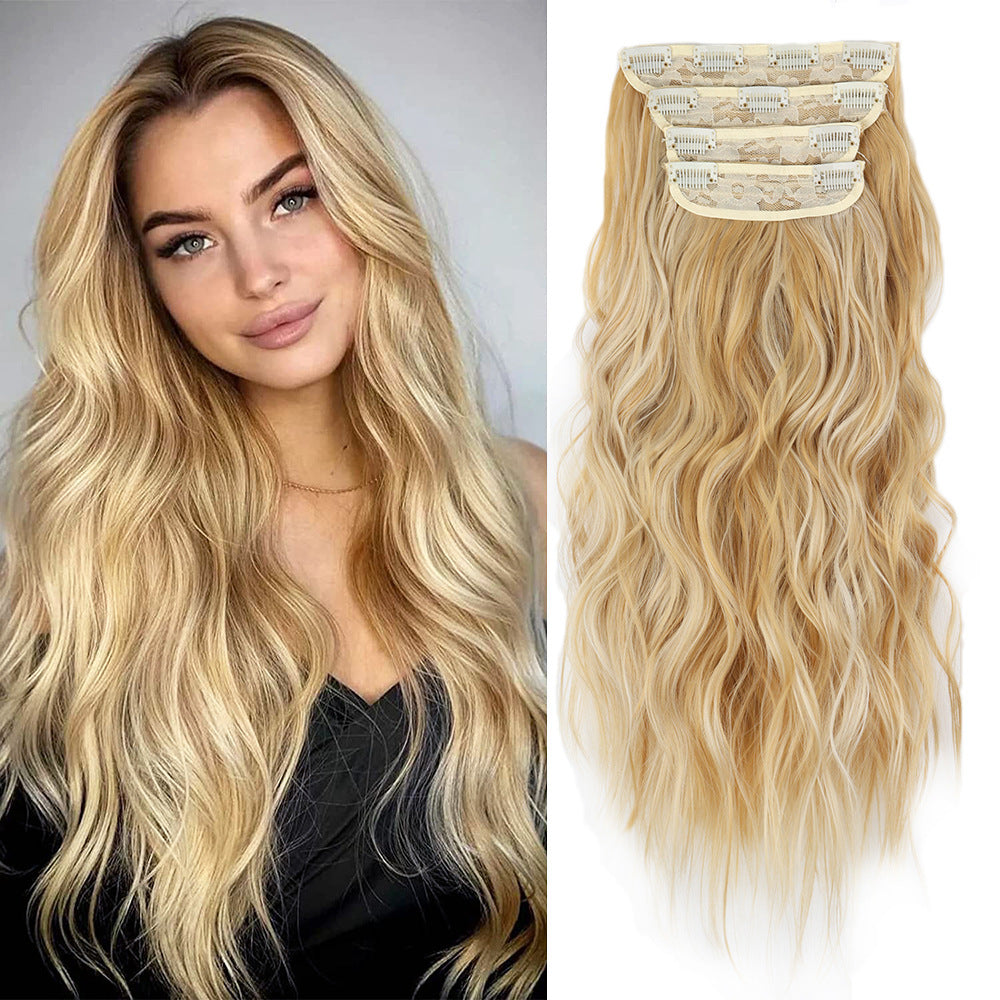 4 Pcs Set Gold High-Quality Wavy Clip-In Hair Extensions Set - 50cm, 200g, Synthetic Fiber - Voluminous Beach Waves for