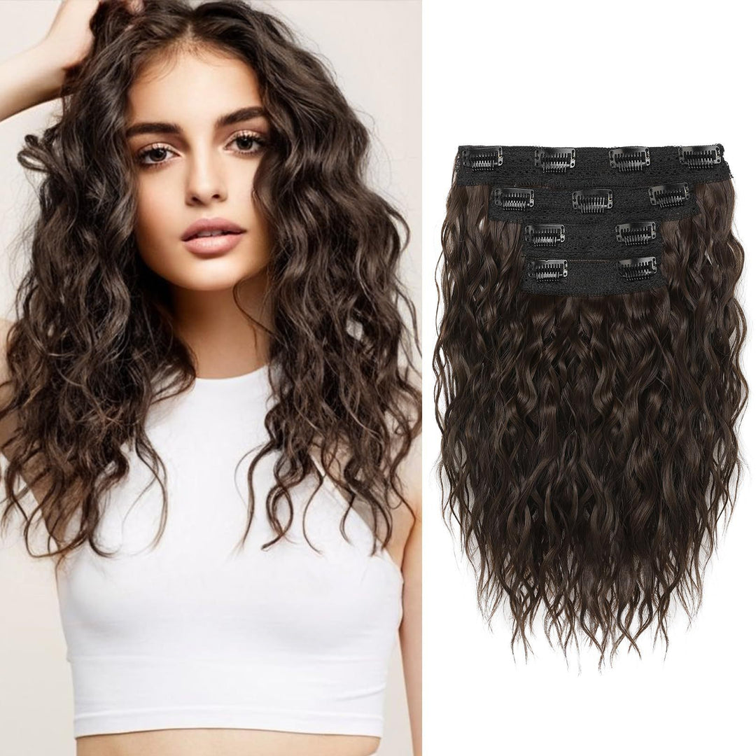 Coffee 12-Inch Clip-in Wavy Hair Extensions - 4-Piece Set, Easy to Apply, Instant Volume Boost