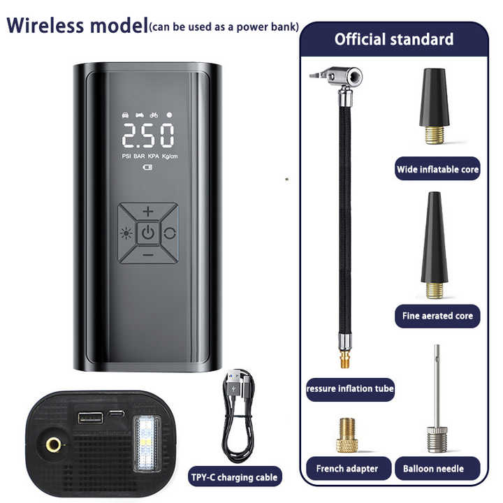 Black Portable Wireless Car Air Pump - Multi-Function Tire Inflator with Emergency Phone Charger, LED Light, and 4 Air M
