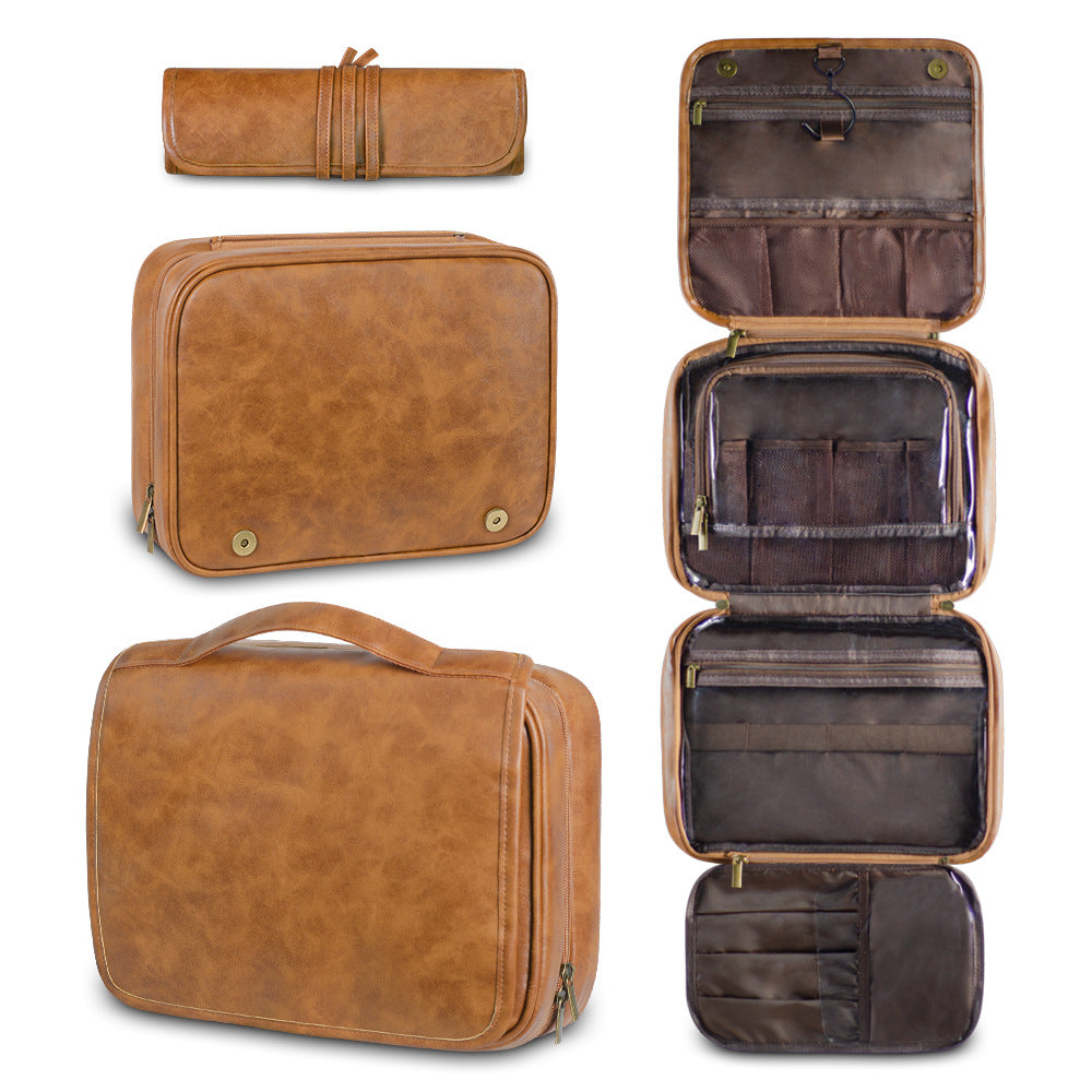 Yellowish Brown Luxury PU Business Travel Toiletry Bag - Large Capacity Waterproof Makeup Organizer with Dividers - Port