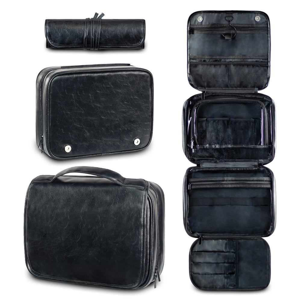 Black Luxury PU Business Travel Toiletry Bag - Large Capacity Waterproof Makeup Organizer with Dividers - Portable & Sty