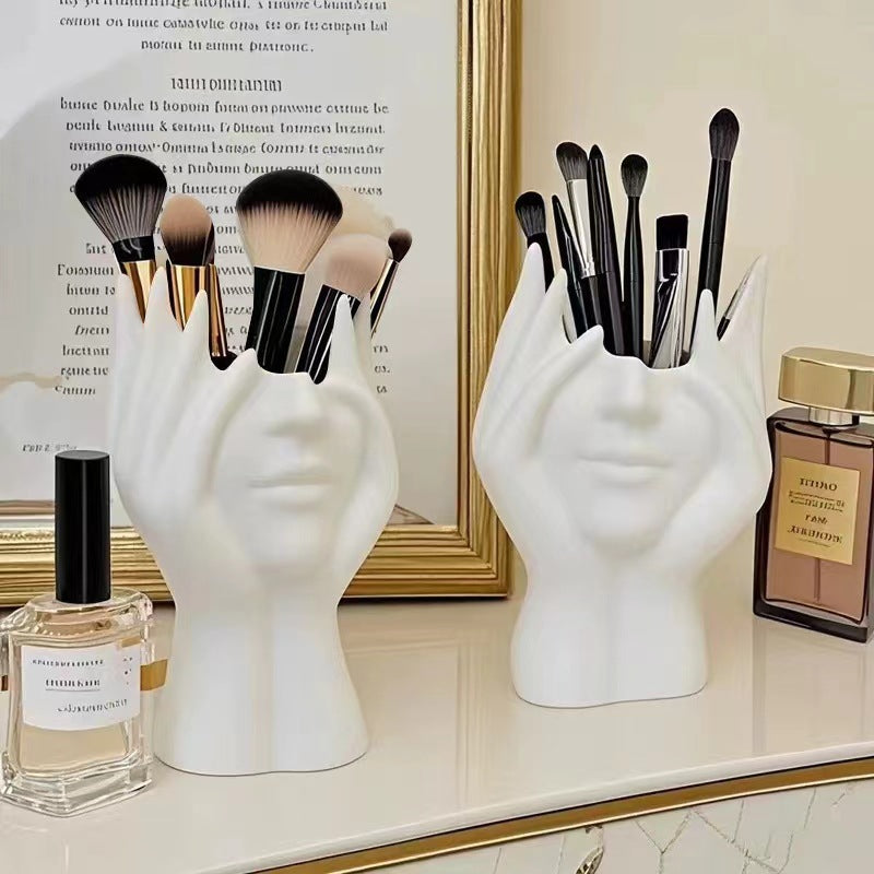 2 Pcs White Elegant Hand-Shaped Brush Holder – Creative Makeup Brush Organizer for Vanity and Desk(Makeup brush not in