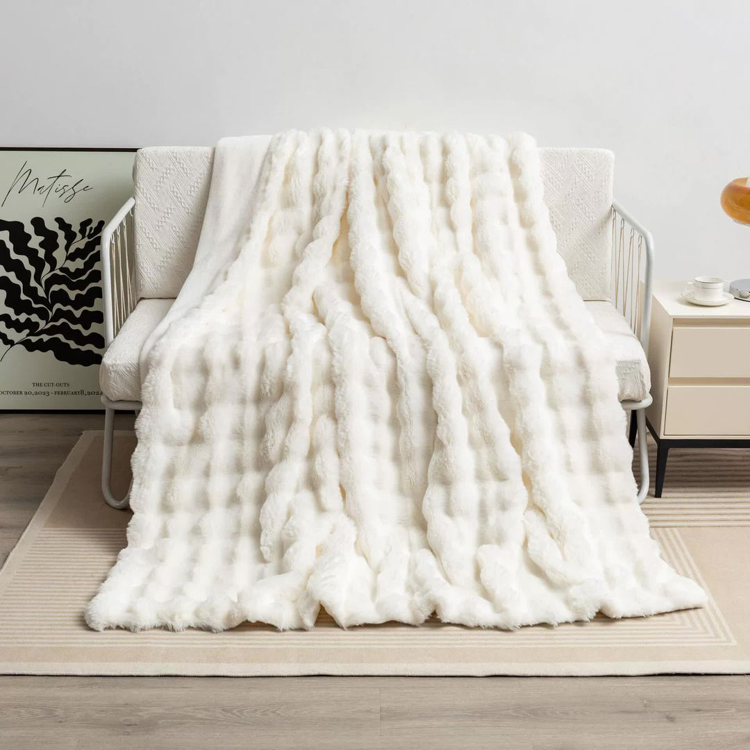 Off White 130*160cm Plush Toscana Rabbit Hair Throw Blanket - Soft Flannel Fleece for All Seasons, Perfect for Couch & B