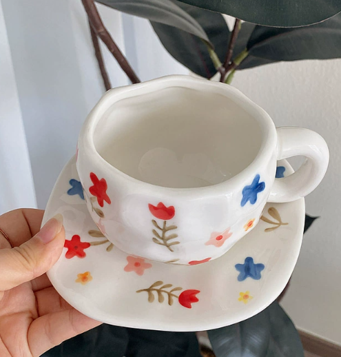 White Background Large Floral 300ML Underglaze Hand-Pinched Cup and Saucer Set - Ceramic Coffee Mug Milk Cup Breakfast S