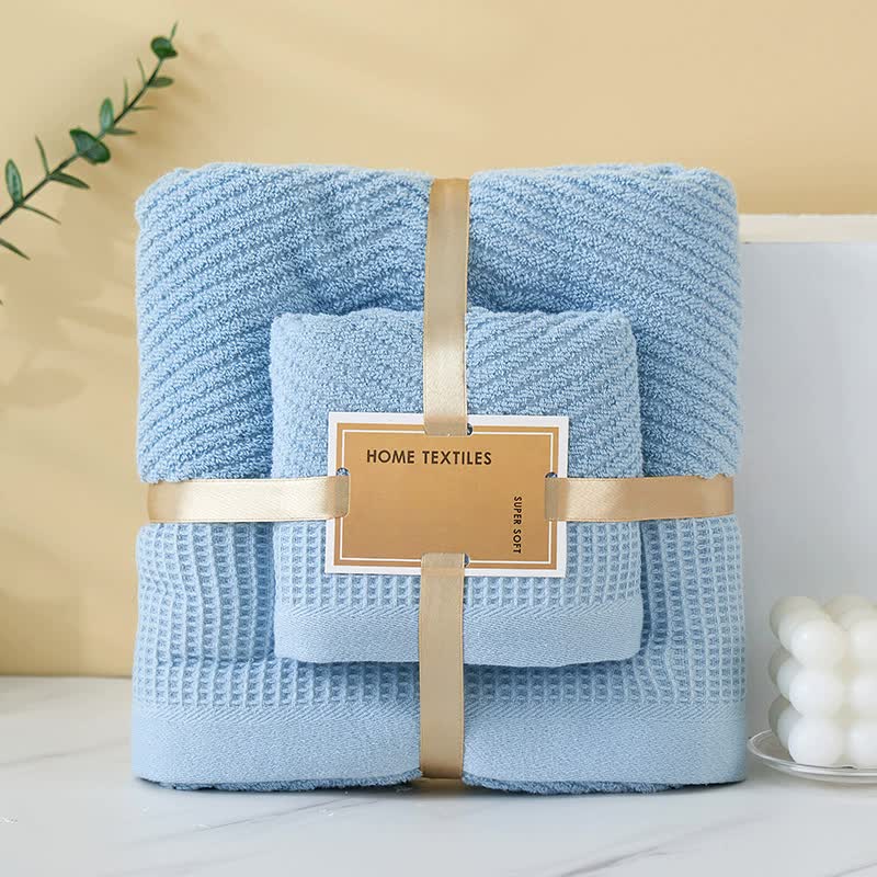 Blue Solid Color Diagonal Stripe Towel Set - Luxurious Bath and Hand Towels for Home Use Bath towel 140*70cm, face towel